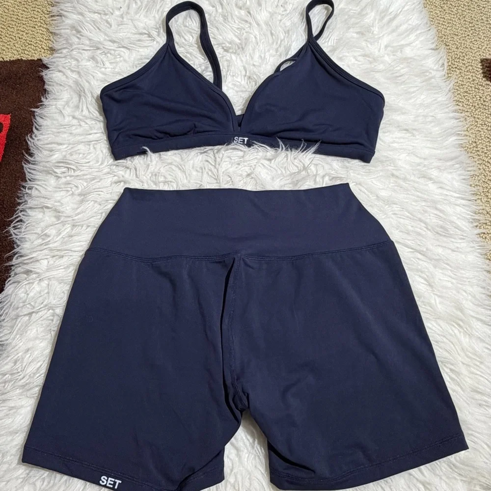 SET Active XL / XXL Navy Blue Matching Workout Set Sports Bra Shorts Airluxe